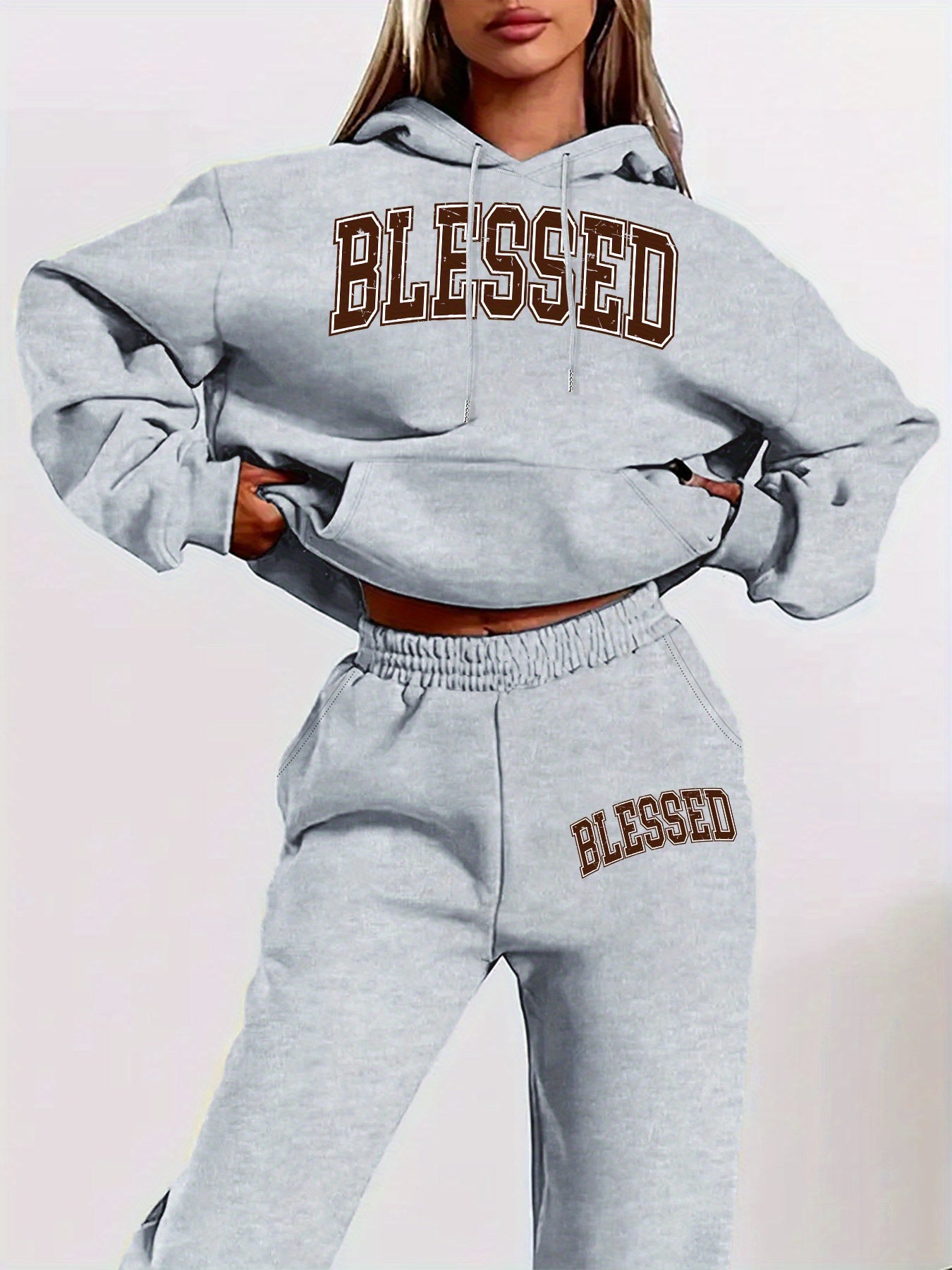Women'S Casual Two-Piece Set - "Blessed" Print Hoodie & Sweatpants, Cozy Fall/Winter Outfit with Drawstring Waist, Long Sleeve Pullover & Joggers, Casual Wear, |casual Style|drawstring Waistband, Sweater Set