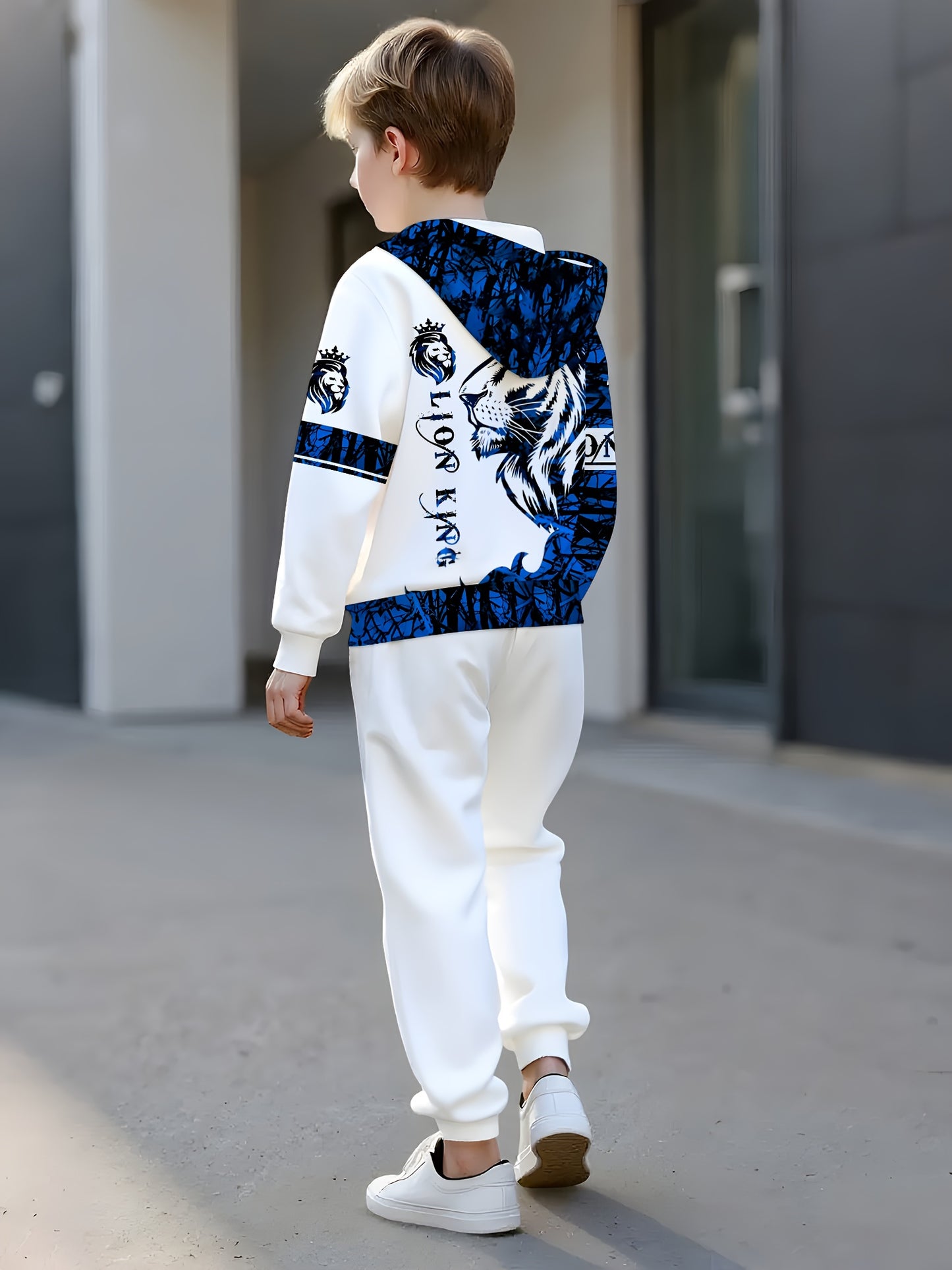 Boys' 3D Lion Print Hooded Tracksuit Set - Casual Sweatshirt & Pants with "Lion King" Design, Medium Stretch, Regular Fit, Perfect for Outdoor Activities, Outdoor Clothing | Casual Style | Medium Stretch Fabric