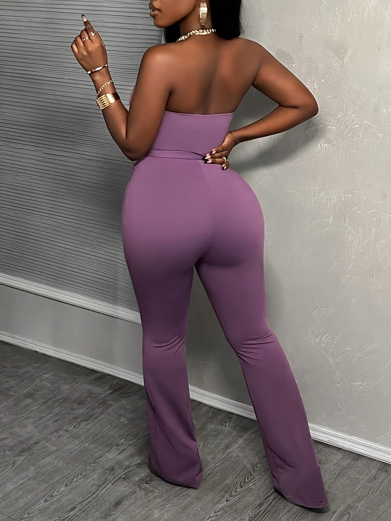 Casual Basic Elegant Purple-red Waist-tied Tube Flared Jumpsuit For Women