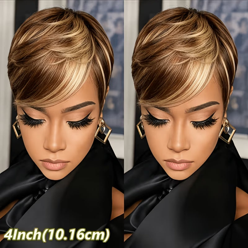 CUKLOP Women'S Short Straight Human Hair Wig Featuring Bangs And Blonde Highlights, Ideal for Various Skin Tones, Natural Brown/Blonde P4/27 Shade, 180% Density Non-Lace Wig Perfect for Everyday Use And Party Hairstyles
