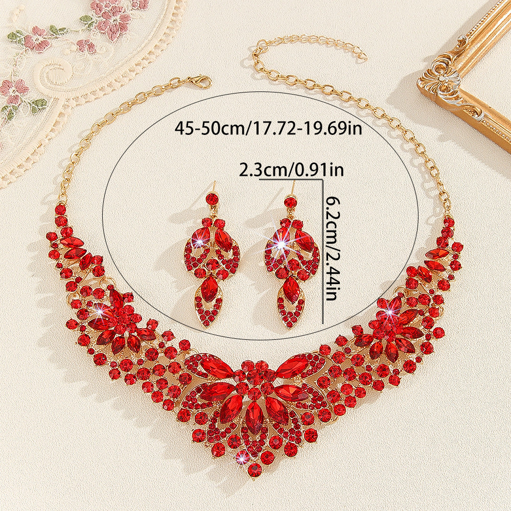 2pcs Bold Red Lab-Created Artificial Crystal Necklace& Earrings Set, Bridal Wedding Jewelry Gift for Women, Statement Anniversary Valentine's Day Accessories for Bride, Luxe Artificial Crystal Bridesmaid Set