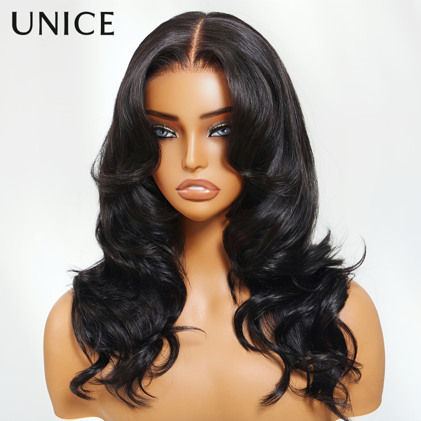 Unice 13x4 HD Lace Front Human Hair Wig Glueless Pre-Plucked Natural Black 200% Density Body Wave (13x4 Lace) - Wig for & Men, Soft Full Hairpiece with Feathered Layers, No Glue Needed, Comfortable Wear
