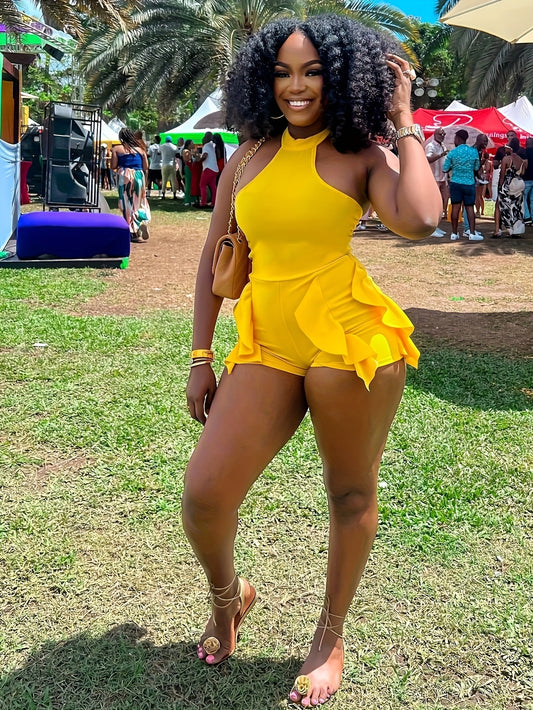 Women's Sexy Halter-Neck Romper with Flirty Ruffle Hem - Sleeveless Vibrant Yellow Stretchy Machine-Washable Jumpsuit for Spring/Summer Outings, Beach Parties & Casual Wear, Beach Dresses