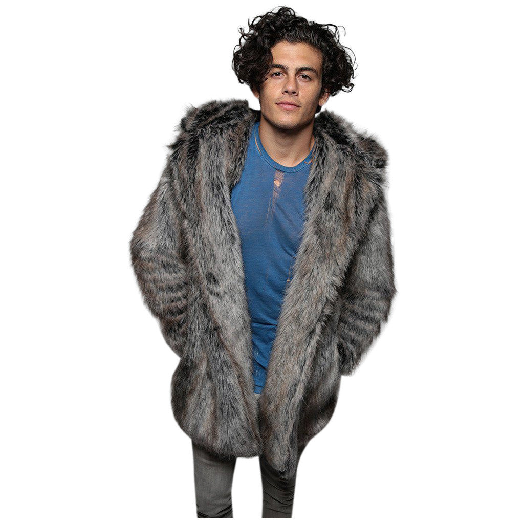New European and American Style Faux Fur Coat for Men Winter Casual Warm Mink Fur Long Coat with Hood