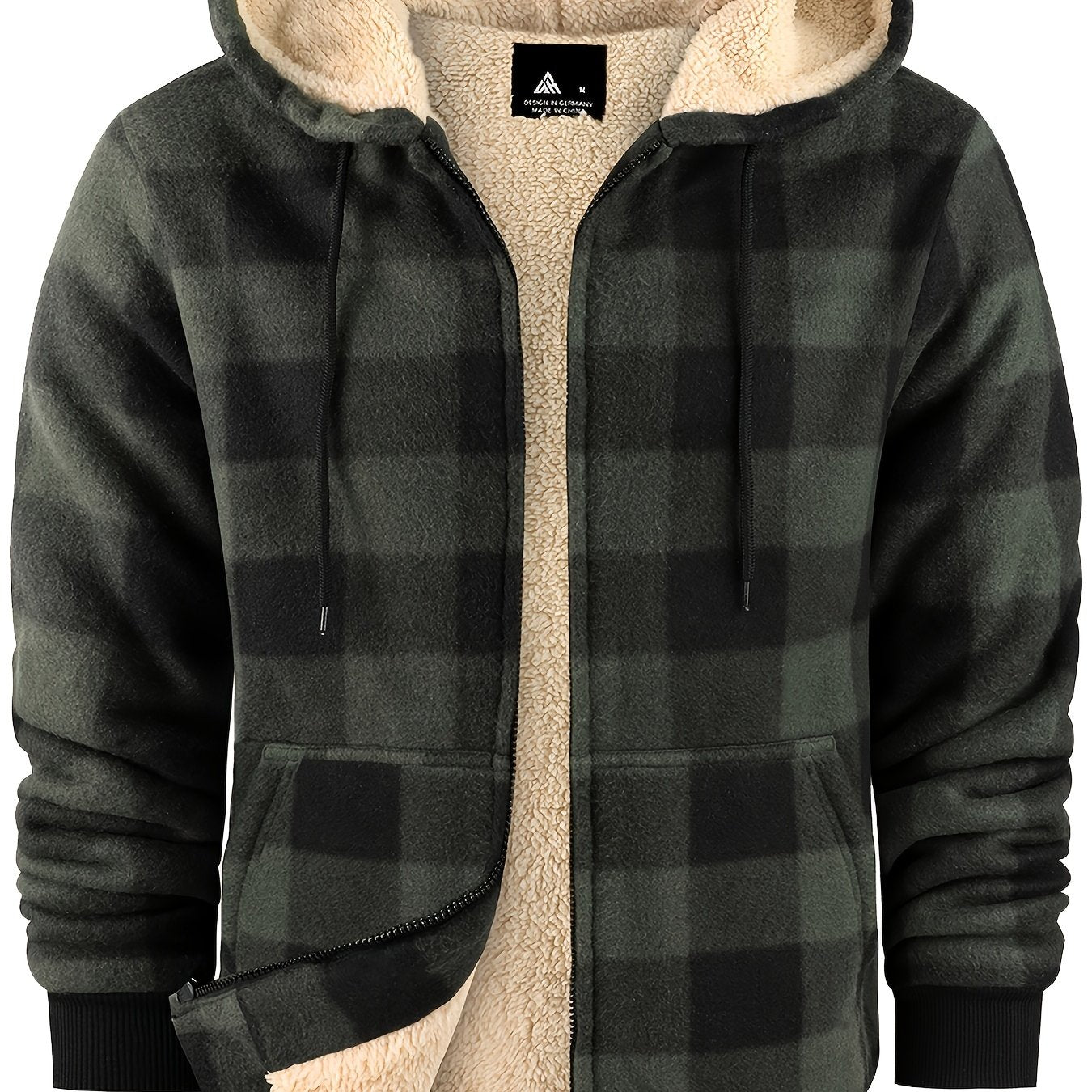 Men's Heavyweight Fleece Hooded Jacket - Full-Zip Sherpa Lining, Thick Winter Coat with Plaid Pattern (Blue/Black/Beige/Brown), Zippered Pockets, Hand Washable, Casual Outerwear for Cold Weather & Everyday Use - Ideal for Ski