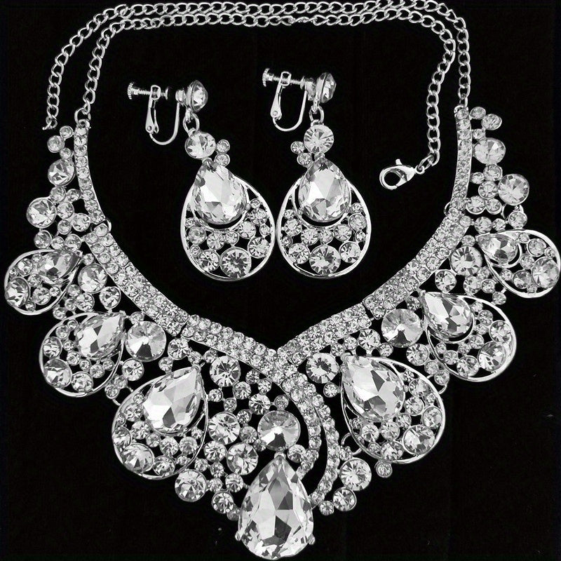 3pcs new fashion heavy industry bridal ear pin and ear clip earring necklace three-piece jewelry suitable for daily wedding banquet wear