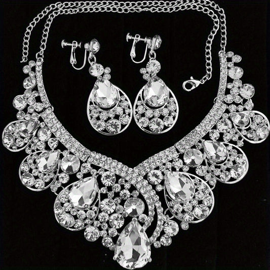 3pcs new fashion heavy industry bridal ear pin and ear clip earring necklace three-piece jewelry suitable for daily wedding banquet wear