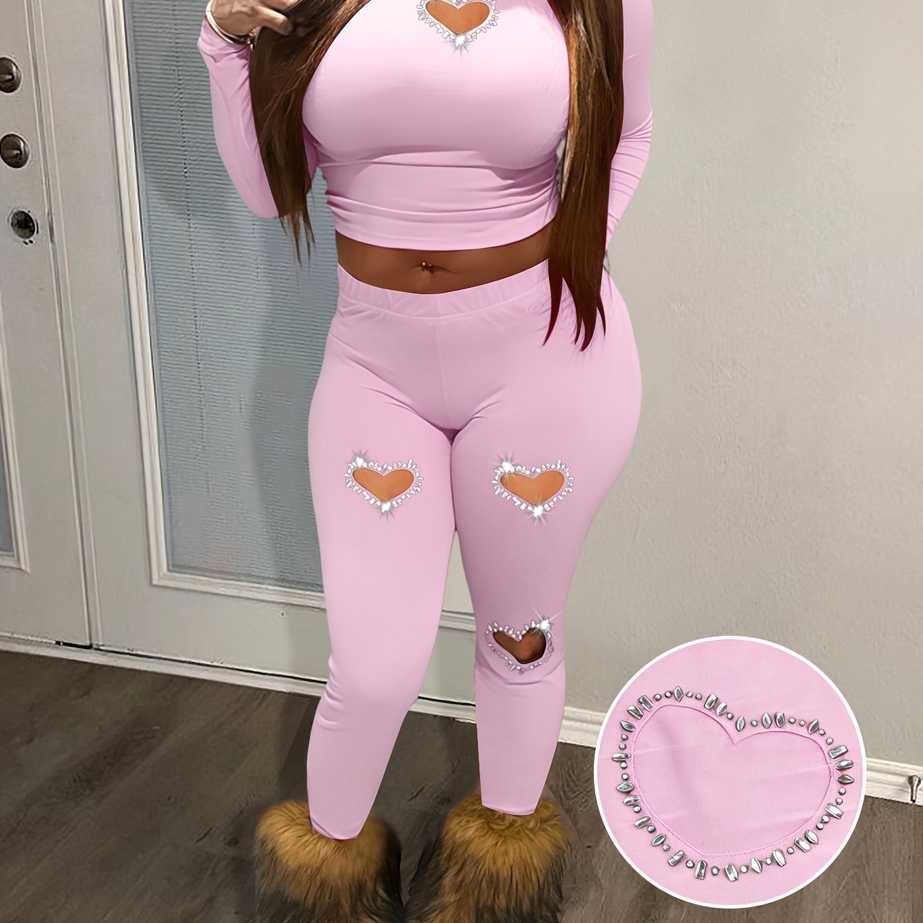 LovelyWholesale Local Valentine's Day Heart Diamond Sweatpants Set, Women's Valentine Gift Outfit