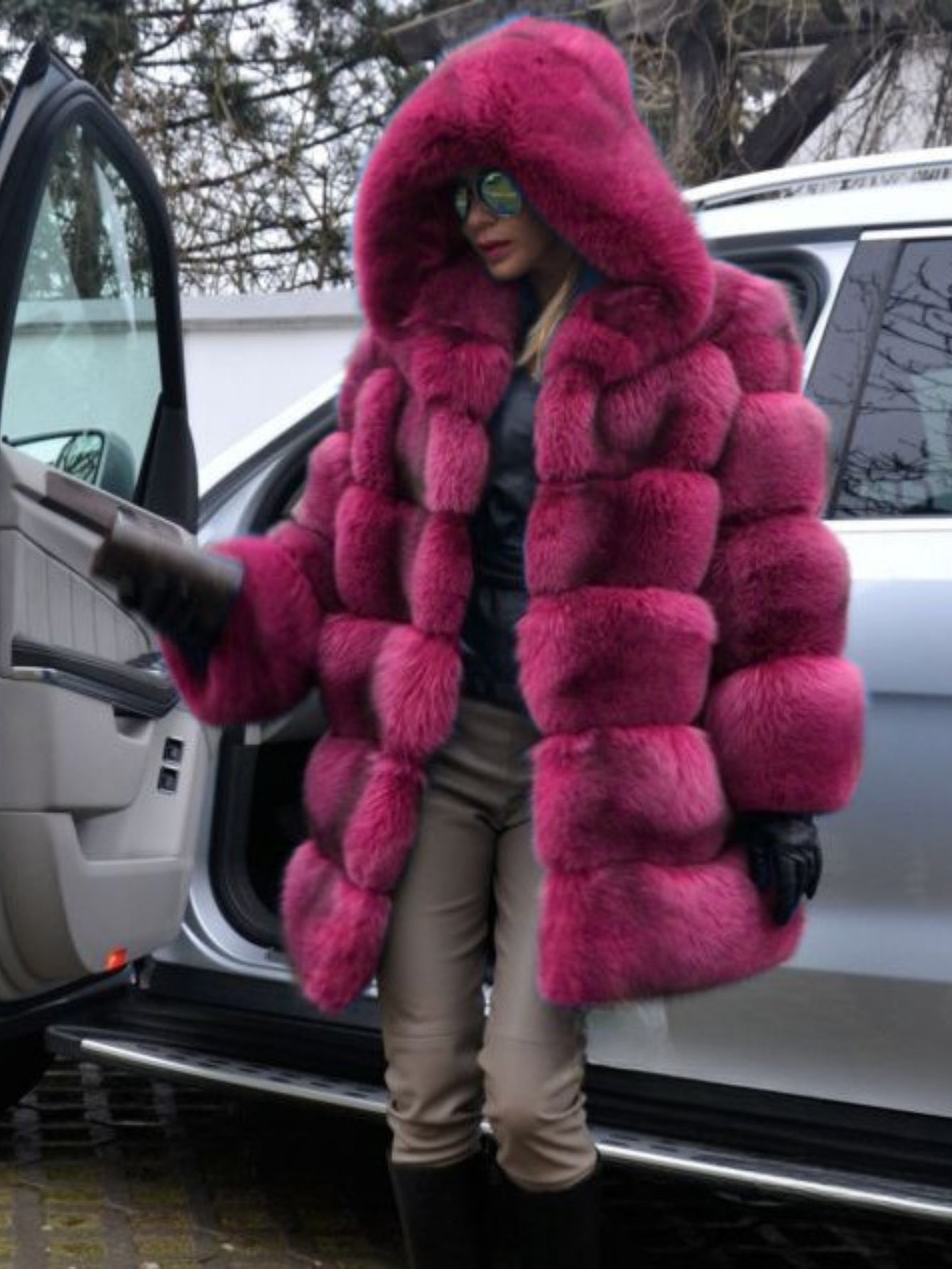 Plus Size, HERTALK Women's Plus Size Pink Faux Fox Fur Coat - Hooded Winter Jacket with Collar, H-Line Silhouette & Full-Length Hem Slit - Luxurious Imitation Fur Outerwear (Pink/) - Machine Washable