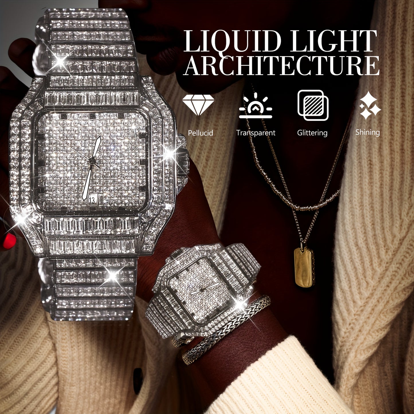 Luxury Hip Hop Square Rhinestone Watch - Full Rhinestone Geometric Glow-in-the-Dark Dial, Stainless Steel Band, 30m Waterproof, Mechanical Movement, Elegant Stage Performance Wristwatch for Christmas, Thanksgiving, Valentine'