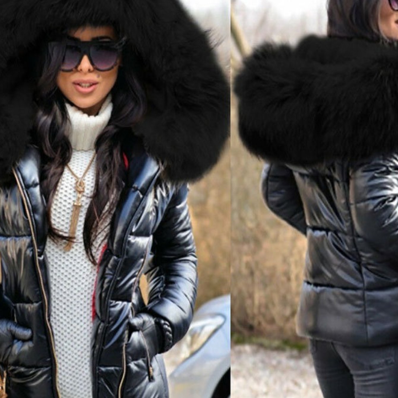 Plus Size - Plus Size - Plus Size Women'S Elegant Hooded Winter Jacket - European & American Style Warm Mid-Length Coat with Full-Zip Front Closure, Soft Pink Fur Collar & Long Sleeves, Cozy Insulated Outerwear for Fall/Winte