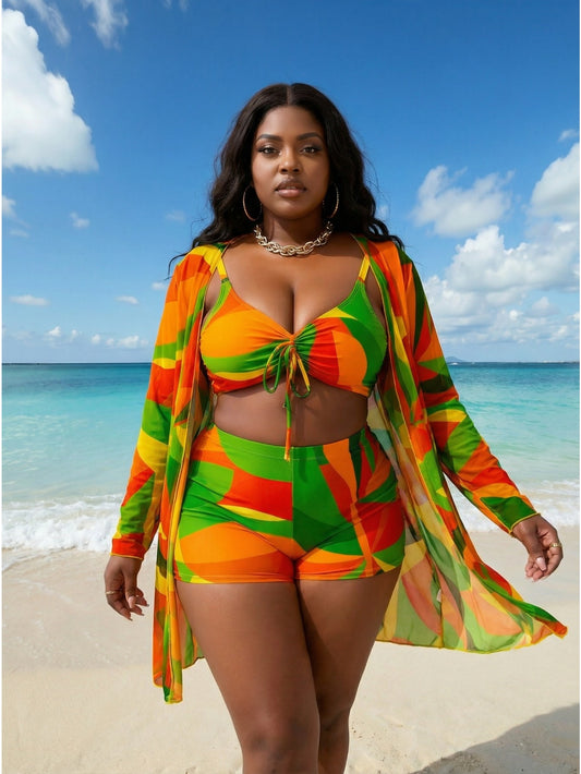 2026 New Trendy Plus Size Swimsuit Three Piece Set | Orange Green Color Block Print, Gather Bandeau, Boyleg Shorts, Mesh Outer Shirt, High Waist, Soft Coverage, Women'S Summer Vacation Swimwear