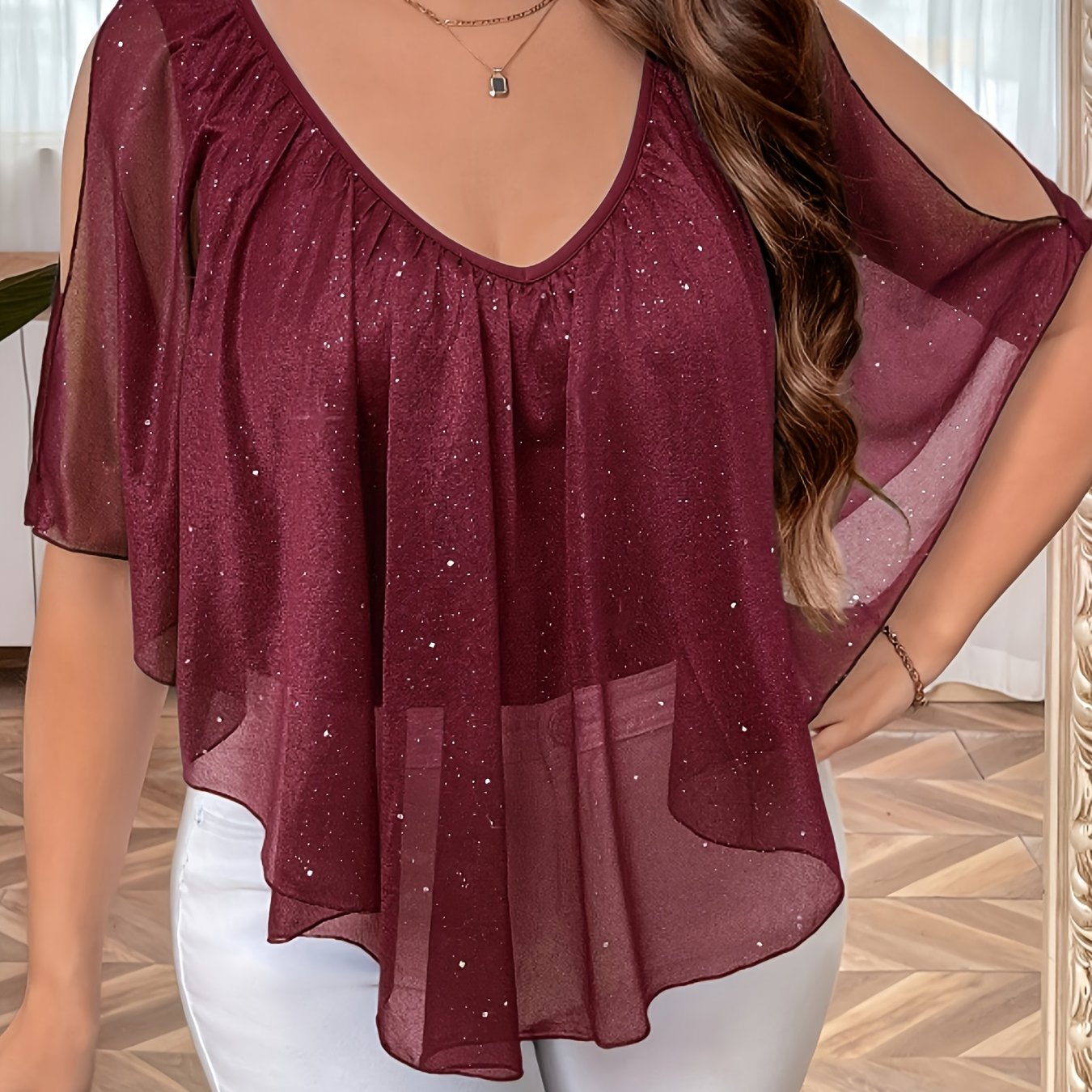 Women'S Elegant V-Neck Pleated T-Shirt, Summer Knit Polyester Tee with Frill Detail, Medium Stretch Solid Color Top, 95% Polyester 5% Elastane, 180g/m² Fabric Weight