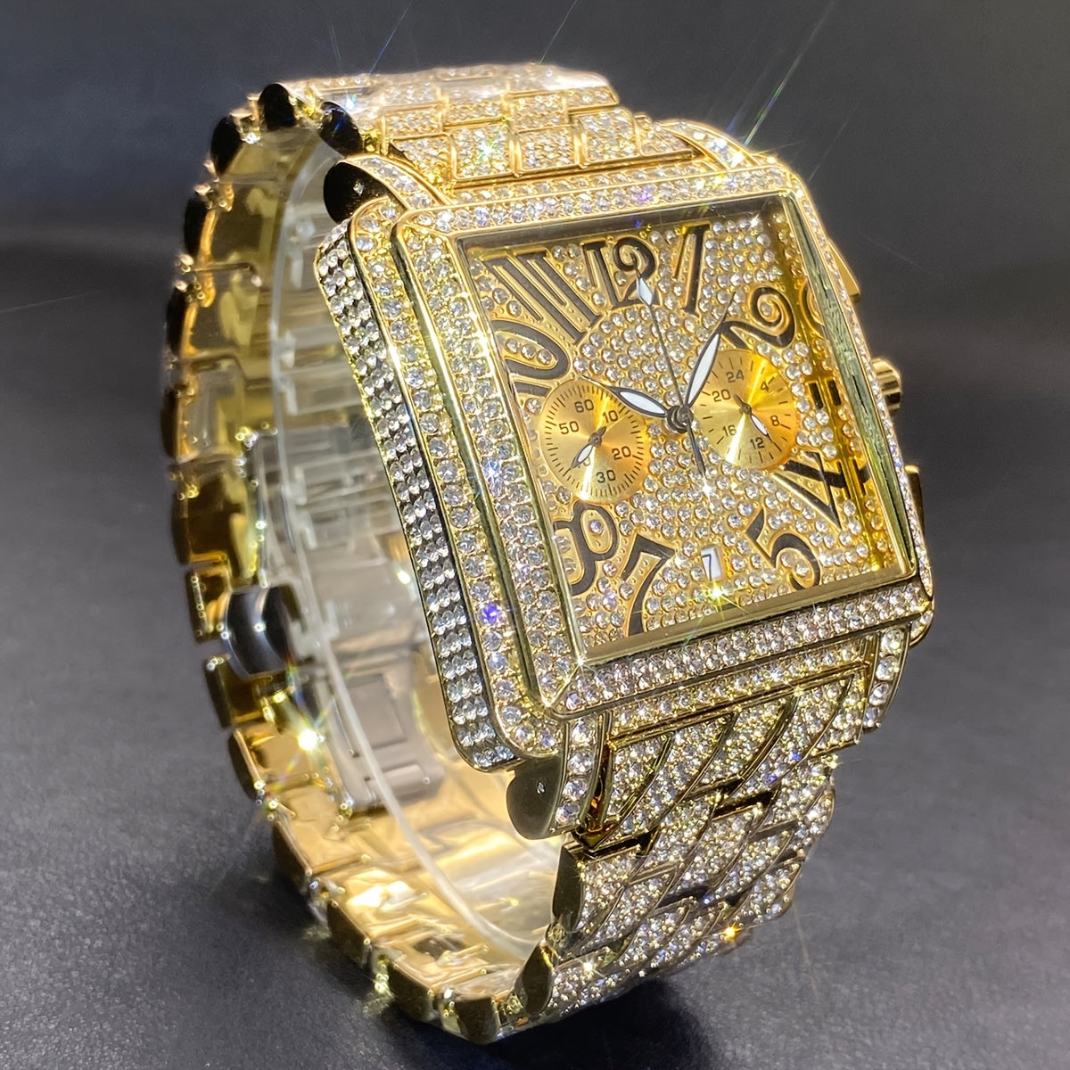 MISSFOX Men'S Luxury Hip-Hop Watch - Golden-Tone Quartz Movement with Date/Calendar, Square Dial & Roman Numeral Display, Sparkling Rhinestone Bezel, Battery-powered Formal/casual Wristwatch For Everyday & Special Events - Id