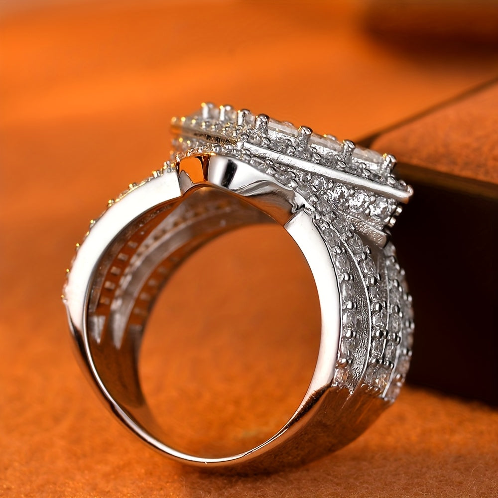 925 Sterling Silver Lady'S Wide Face Ring, Luxurious And Fashionable, Princess Square Layered Design, Fully Set With 5A Zirconia, Suitable For Daily Wear, Engagement, Parties, As A Gift For Your Girlfriend, With Gift Box