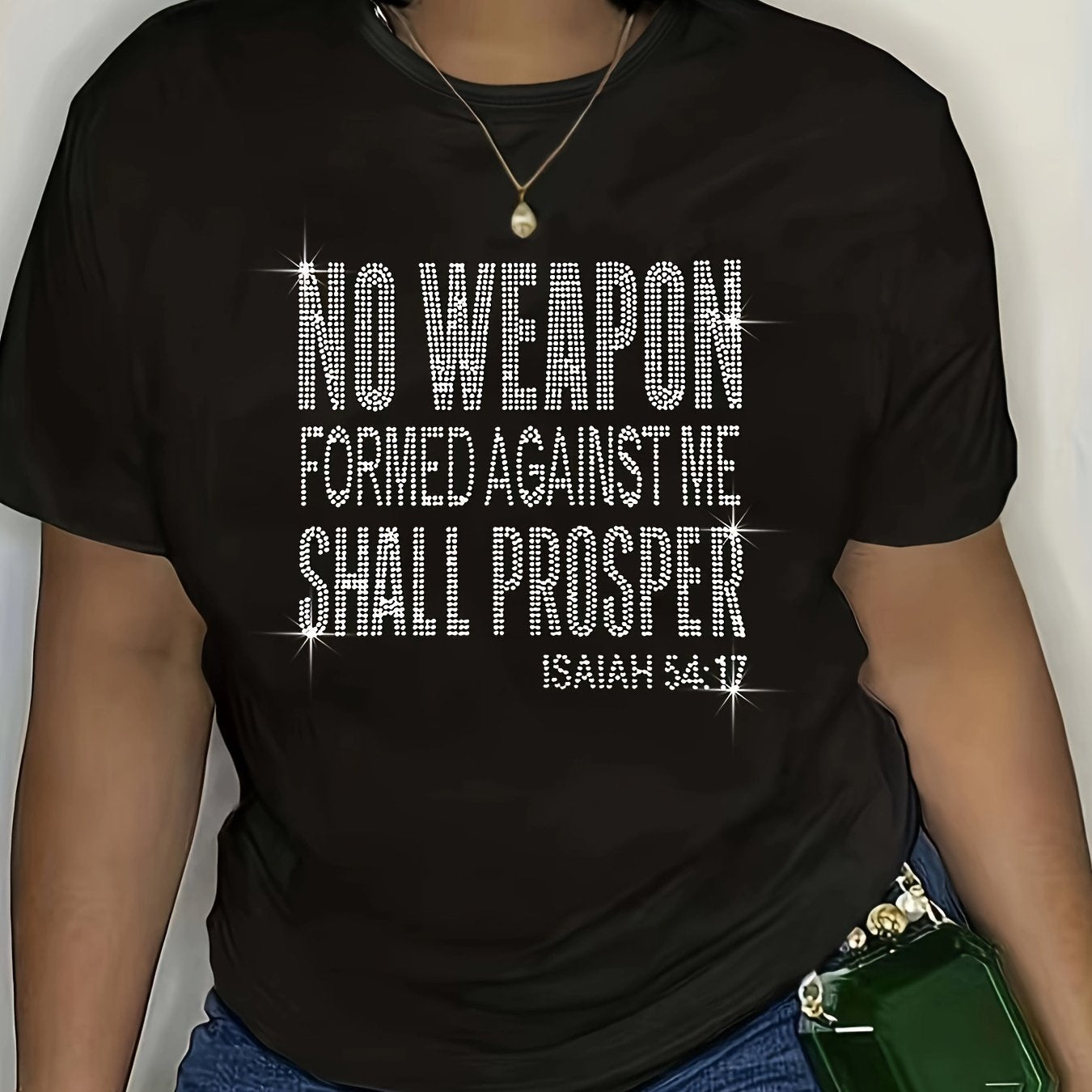 Women's Plus Size Inspirational Rhinestone T-Shirt - "No Weapon Formed Against Me Shall Prosper" (Isaiah 54:17) - Casual Crew Neck Short Sleeve Tee, Black with White Lettering, Glittery Design, Spring/Summer Fashion, Ladies T
