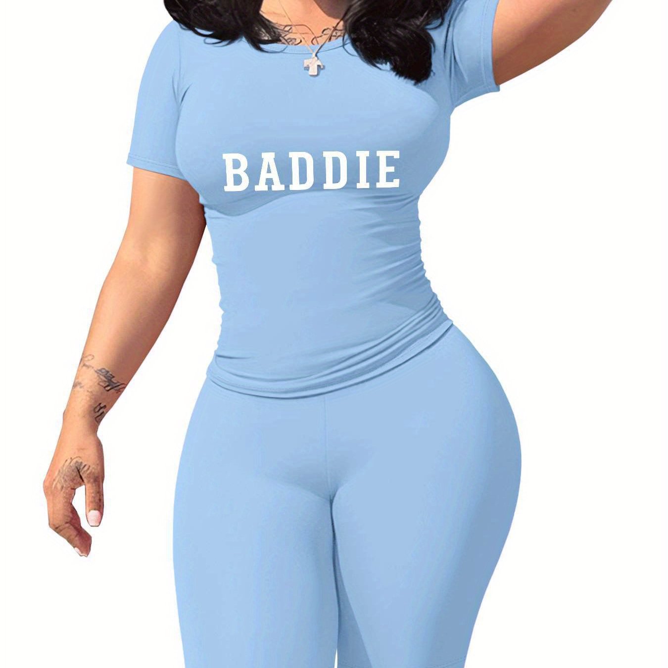 Baddie Women'S SlimFit TShirt and Shorts Set, Premium Baddie Lettering Print, Durable Baddie Graphic Design, Casual Baddie Style Fashion with Soft Fabric, Comfortable and LongLasting Baddie Trend., Allseason Apparel, Trendy O