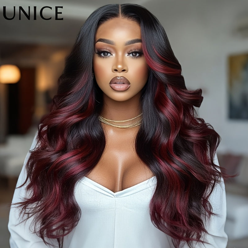UNICE 7x5 Glueless Lace Front Wig Human Hair - Burgundy Highlights & Dark Brown, Pre Plucked & Bleached Invisible Knots, 180% Density Loose Wave Hairline, No Glue/No Skills Needed, Virgin Hair Donor Wigs for Men & (Beginner