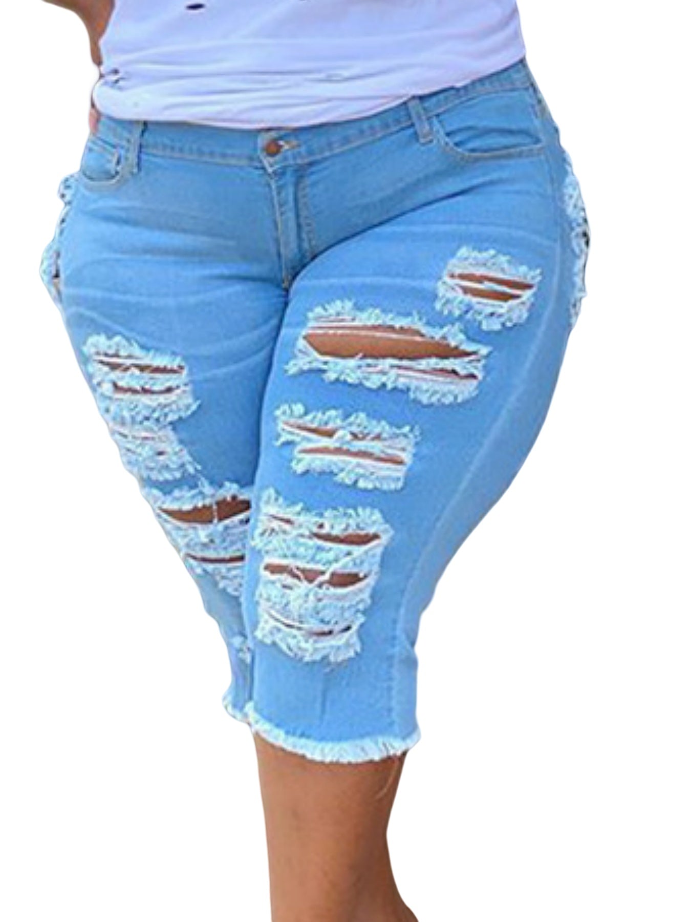 [Plus Size Ripped Denim Shorts]Fashionable Ripped Design And Frayed Hem, Solid Color Versatile - High-waisted, Trendy Street Style.