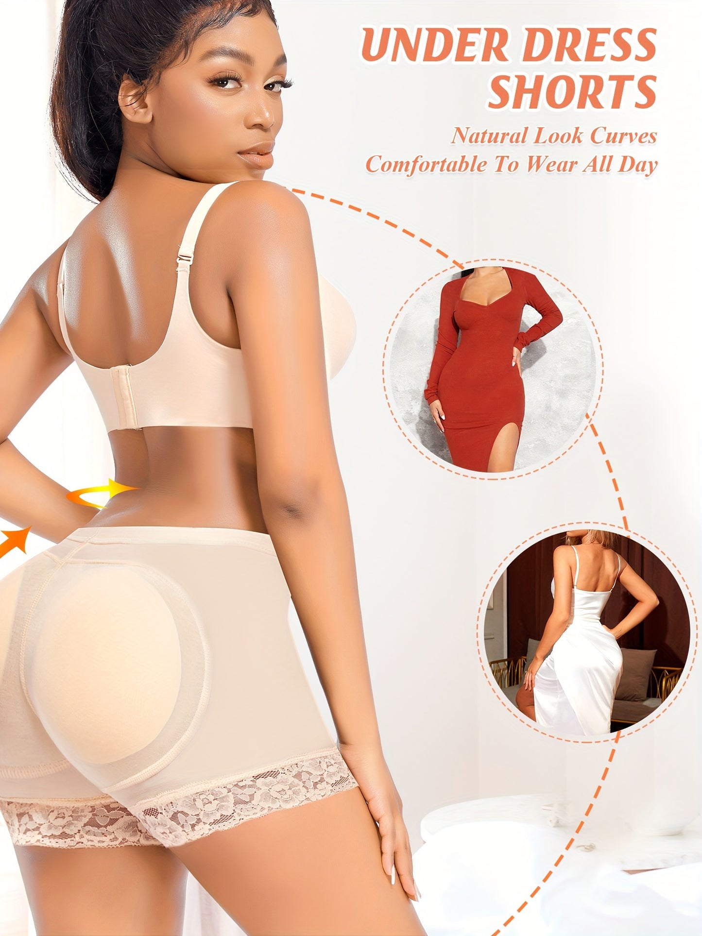 Women's Seamless Lace Shapewear Boyshorts - Padded Butt Lifter Panties with Floral Lace Trim, Beige, Comfortable & Breathable Design for Casual Attire, Cute Panties