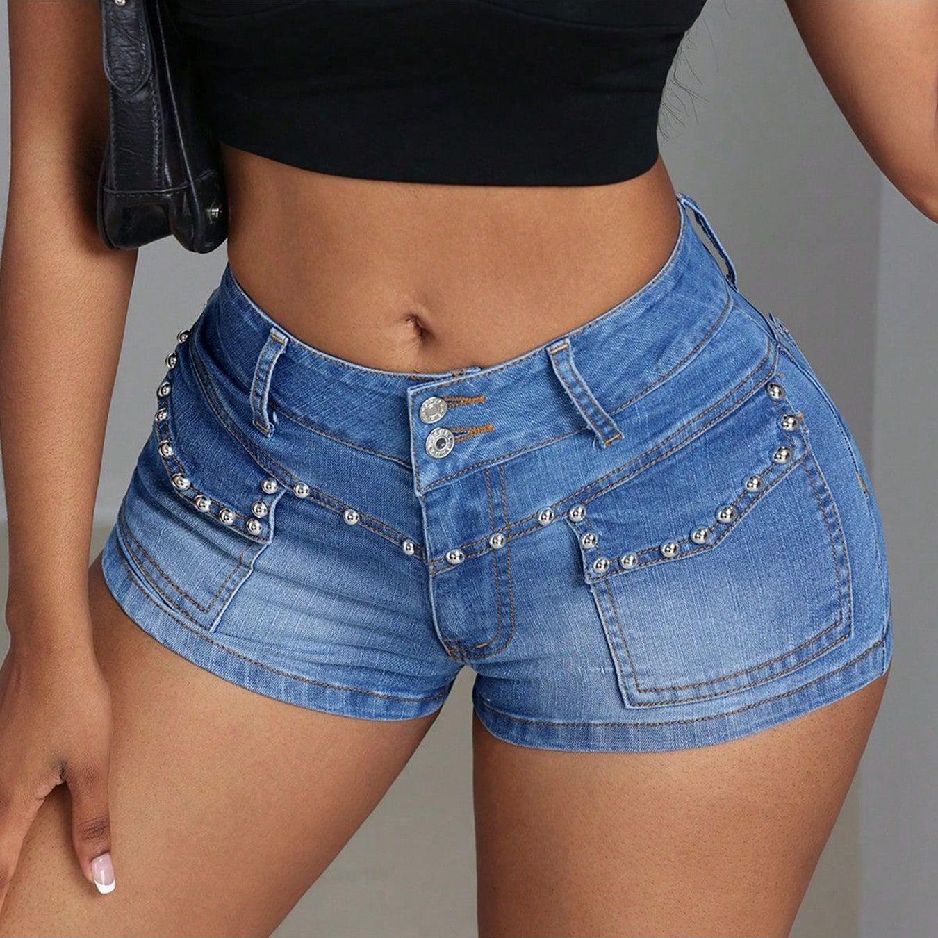 Women's Low-Rise Beaded Denim Shorts - Stretch Short Waisted Summer Shorts Suitable for Casual & Dressy Outfits - Slimmed Water-Wash Denim Shorts (Hand Washable)