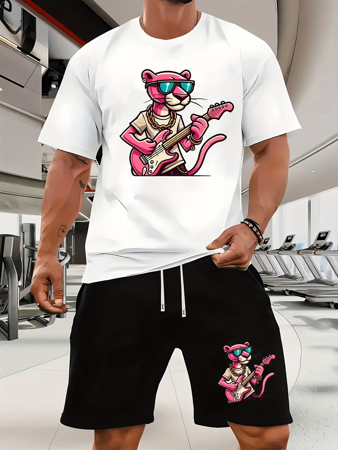 A Casual Sports Set Consisting of a Short-Sleeve T-Shirt Featuring a Stylish Pink Panther Cartoon Print And Fitted Shorts, Perfect for Spring And Summer Outfits.