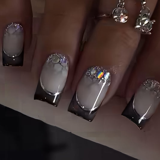 24pcs Fashionable Business Casual Elegant Daily Modern European Black French-Style Silvery Line Glitter Medium Square Fake Nail Set for and Women, Instantly Enhance Your Style, False Nails, Press On Nails, French Manicure, Mo