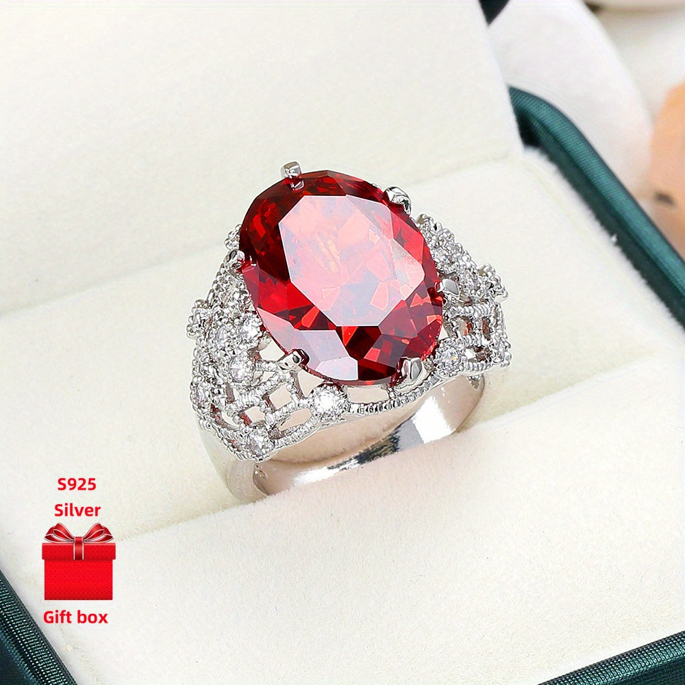 925 sterling silver ring, red oval ring, wide face ring, exquisite and shiny. Ladies' rings, hypoallergenic.gift jewelry boxes, suitable for birthday gifts, holiday gifts, Valentine's Day gifts, and Summer cool accessories. S