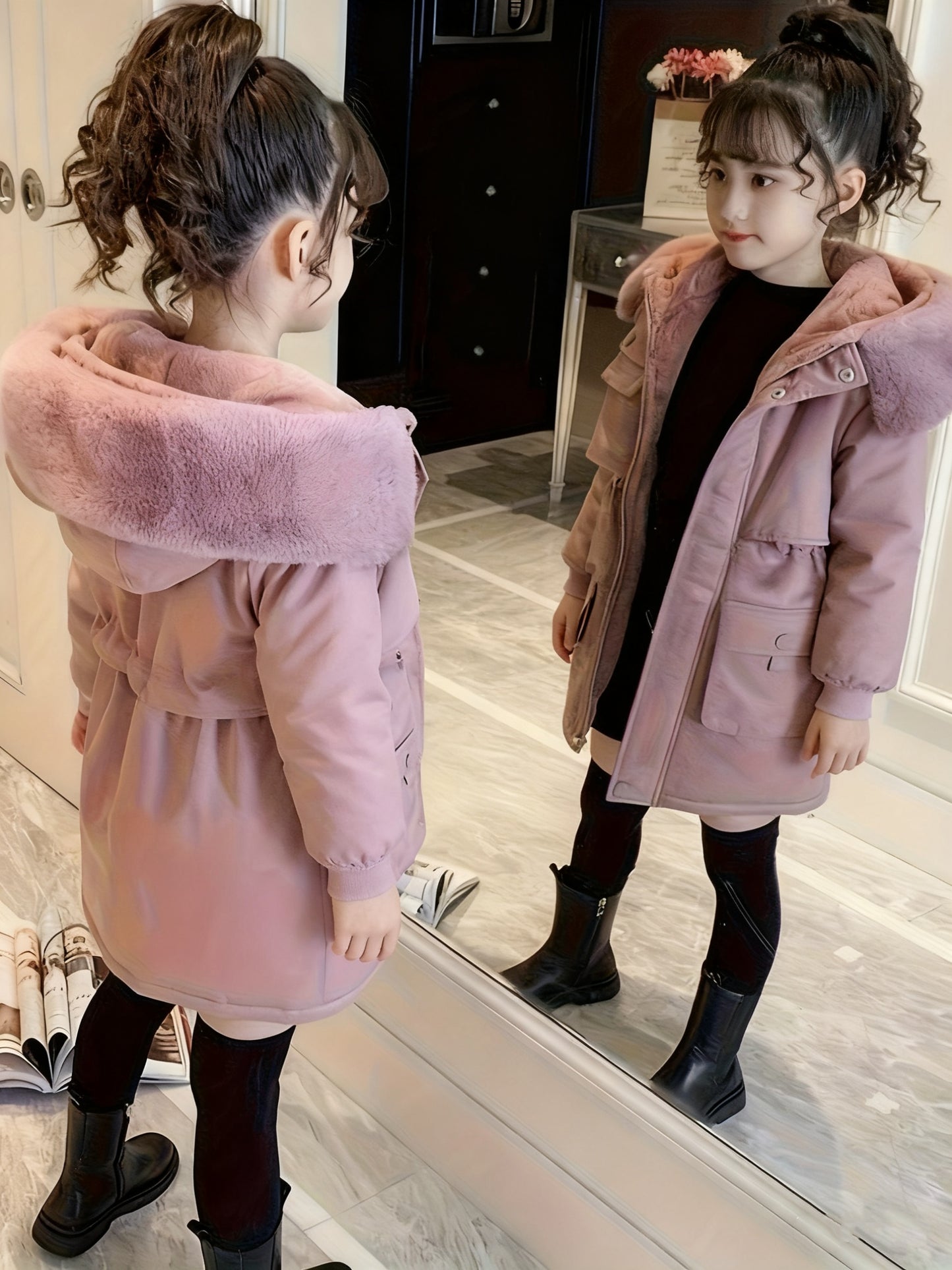 Girls' Winter Parka | 2025 New Fashion Thickened Plush Hooded Midi Coat with Zipper, Suitable for Ages 3-12