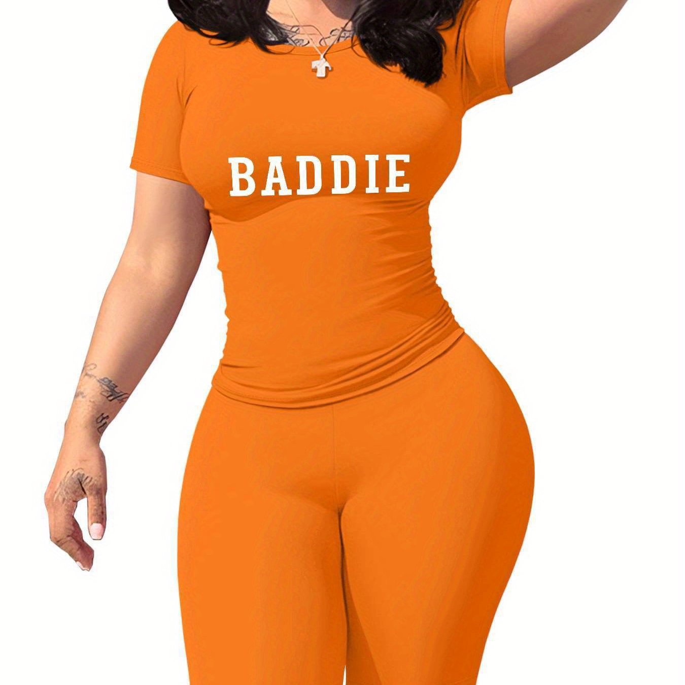 Baddie Women'S SlimFit TShirt and Shorts Set, Premium Baddie Lettering Print, Durable Baddie Graphic Design, Casual Baddie Style Fashion with Soft Fabric, Comfortable and LongLasting Baddie Trend., Allseason Apparel, Trendy O