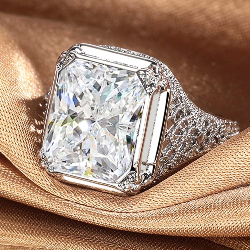 925 Sterling Silver Wide Face Ring, Luxurious And Fashionable, Princess Square Design, Fully Set with 5A Zirconia, Suitable for Daily Wear, Engagement, Date Parties, As A Gift for Your Girlfriend, with Gift Box Included