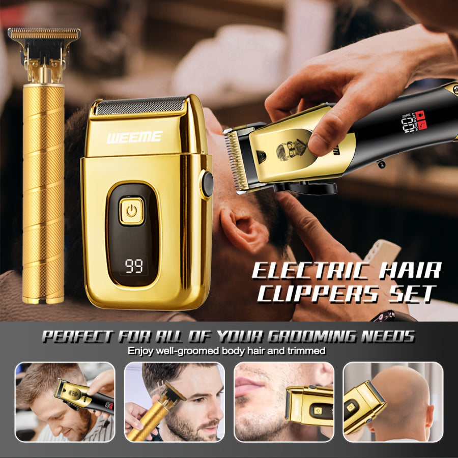 Men's Grooming Kit 3pcs Set, Golden Balck Hair Clippers with LCD Display, USB Rechargeable, 8 Guide Combs, Trimmer And Shaver, with Cleaning Brushes And Comb, Gift for Men