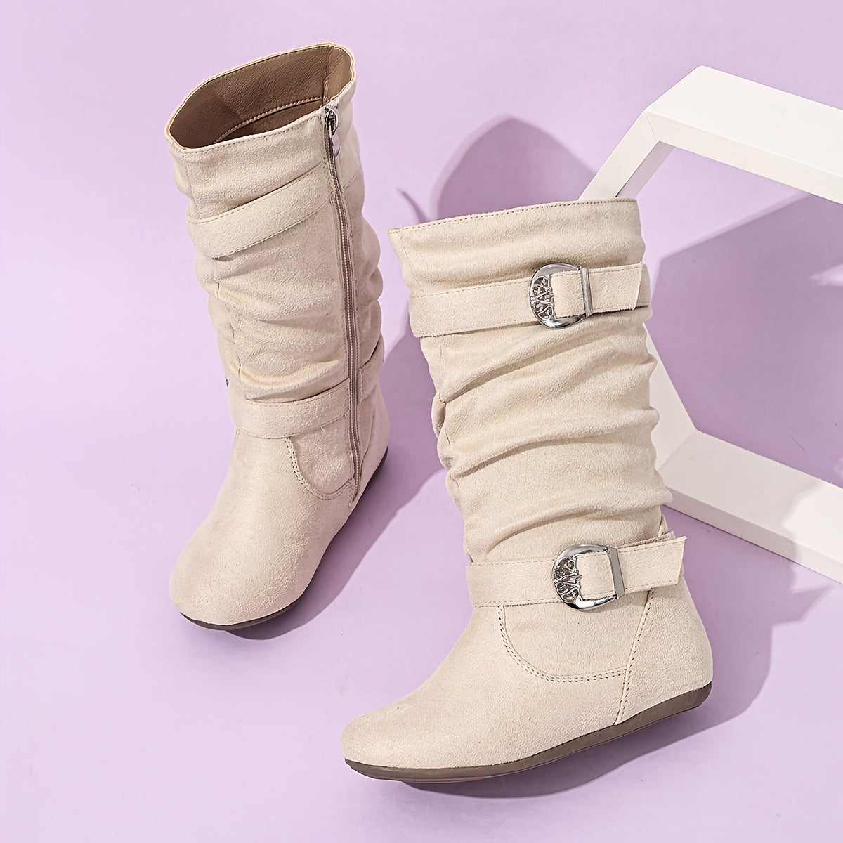 Girls' Pleated Mid-Calf Boots with Fringe & Buckle - All-Season Zipper Closure Round Toe School Shoes, Soft TPR Sole & Fabric, Cute Brown/Black Casual Boots for Kids ( to Teen) - Comfortable Everyday Boots