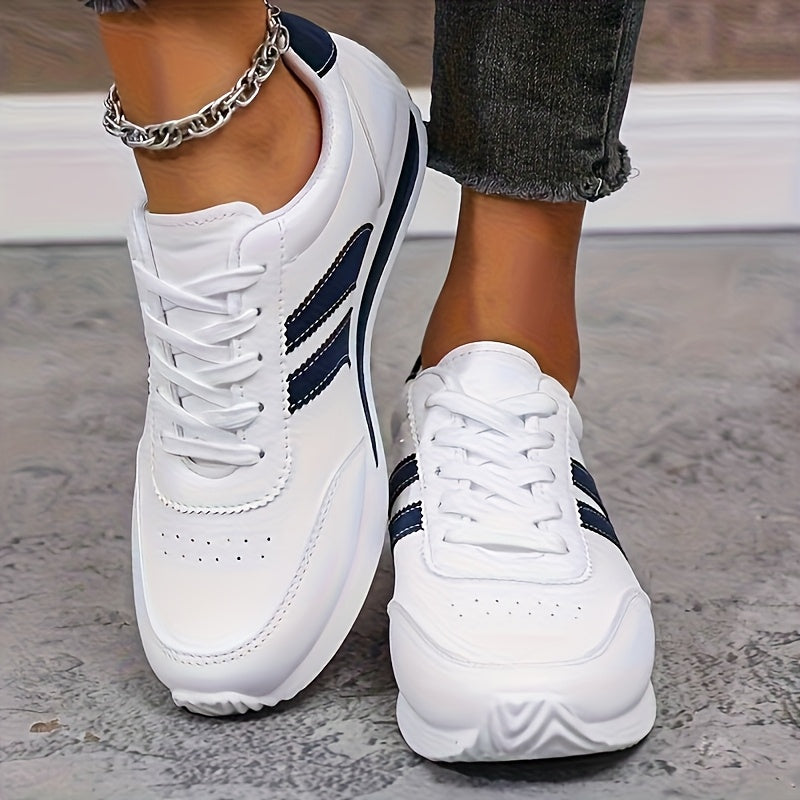 Women's White & Navy Blue Low-Top Sneakers - Soft Cushioned Sole, PU Cover Upper, Lace-Up Round Toe - All-Season Comfortable Walking Shoes (Wide Widths Available) - Casual & Sneakers for, Casual Attire, Shoes For Women, Train