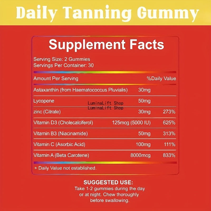 60 Daily Tanning Gummies with Astaxanthin, Tomato Lycopene & Beta-Carotene - 30-Day Supply, Hypoallergenic, 30mg Astaxanthin, 50mg Niacinamide, 125mg Cholecalciferol, 8000mg Beta Carotene, Summer Glow Supplement, Fruit Antiox