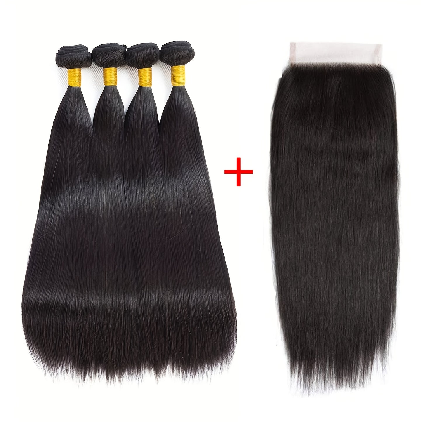 4 Bundles 12 Inch Straight Human Hair Weave with 4x4 Free Part Lace Closure - Natural Black Color, 100% Human Hair Extensions for Women, All Ethnicities, Versatile Hair Styling | Natural Hairline | Human Hair Bundle