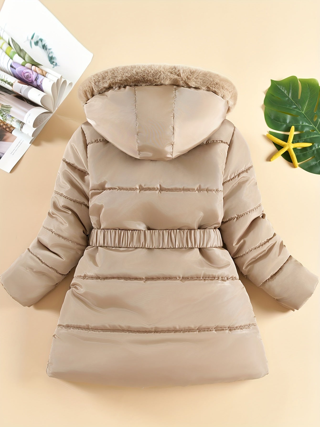 Stylish Girls' Winter Coat with Faux Fur Hood, Heart-Shaped Diamond Pattern, Warm Mid-Length Parka with Belt - Beige, Polyester, Fall/Winter Outerwear for Girls, Girls Winter Clothes
