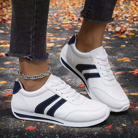 Women'S Lightweight Fashion Sneakers- Comfortable, Non-Slip, Lace-Up Casual Sneakers with Cushioned Insoles, White and Blue Striped Design, Low-Cut EVA Sole, Suitable for All-Day Wear, Casual Sneakers| Low-top sneakers| Lace-
