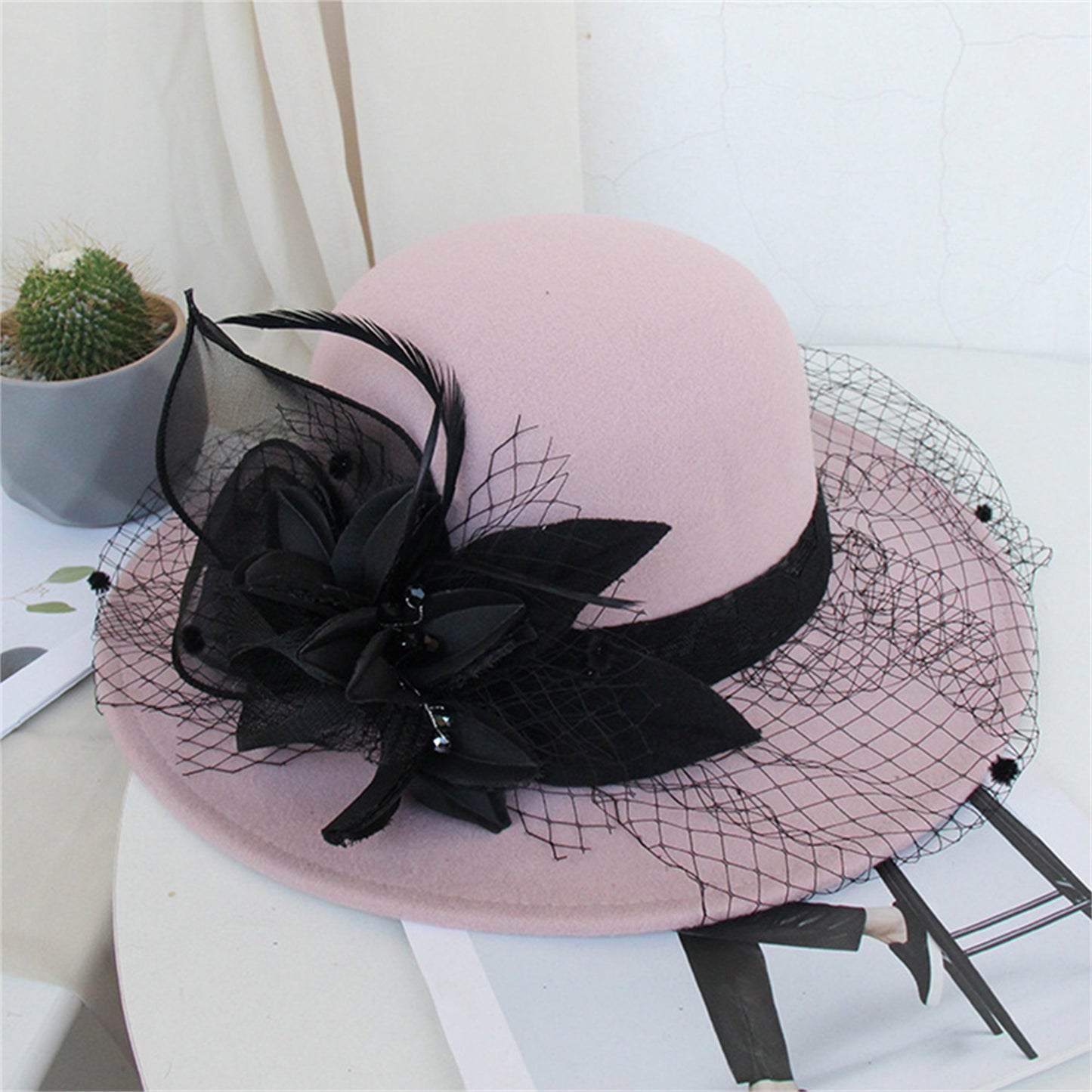 Women's Wide Brim Fedora Hat with Black Lace Veil & Floral Decor - Non- Derby Cap for Church, Bridal Tea Party, Formal Events