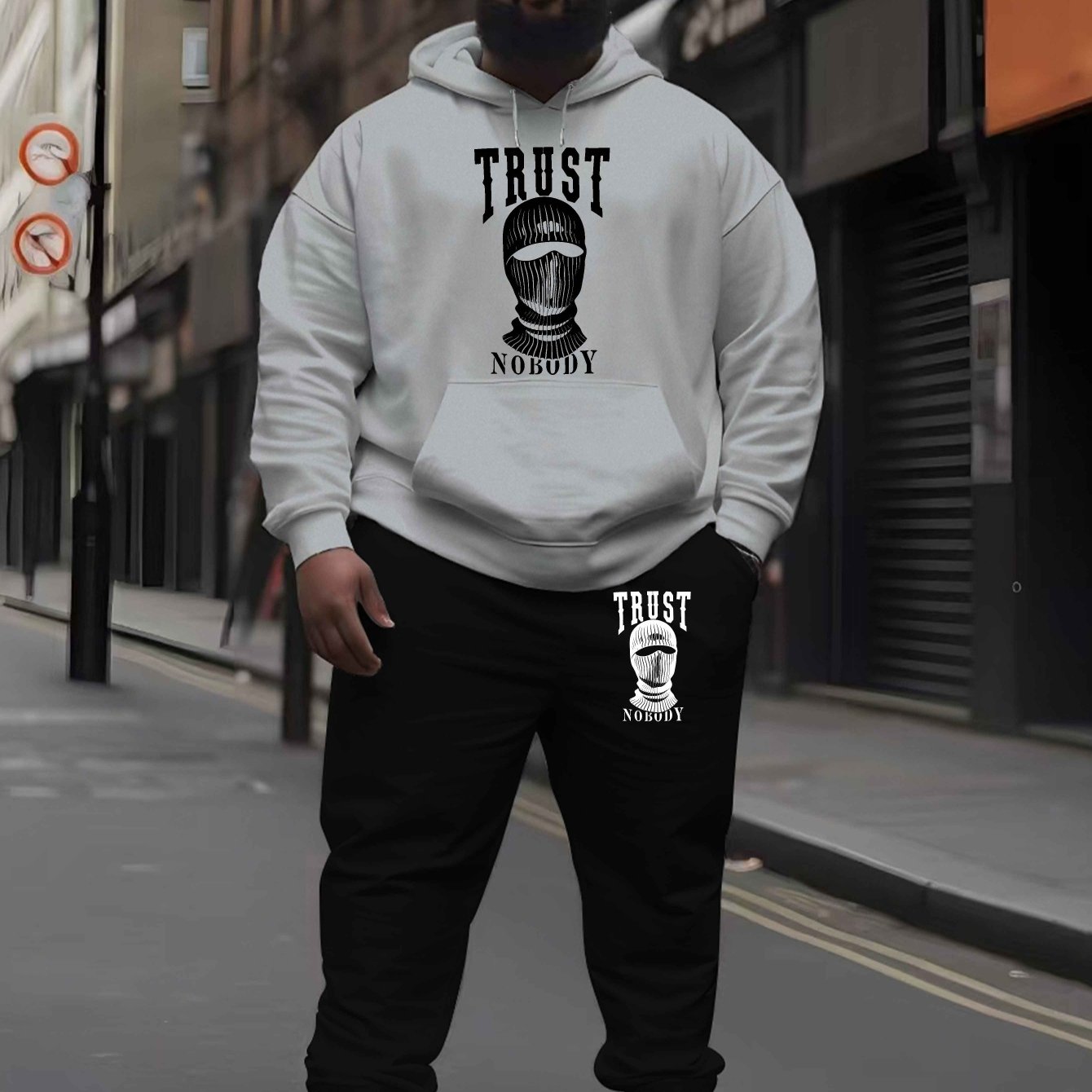 Trust Nobody Men's Large Size Autumn and Winter Hooded Sweatshirt Set New Men's Trendy Printed Drawstring Hoodie Casual Sports Top Set, PLUS SIZE