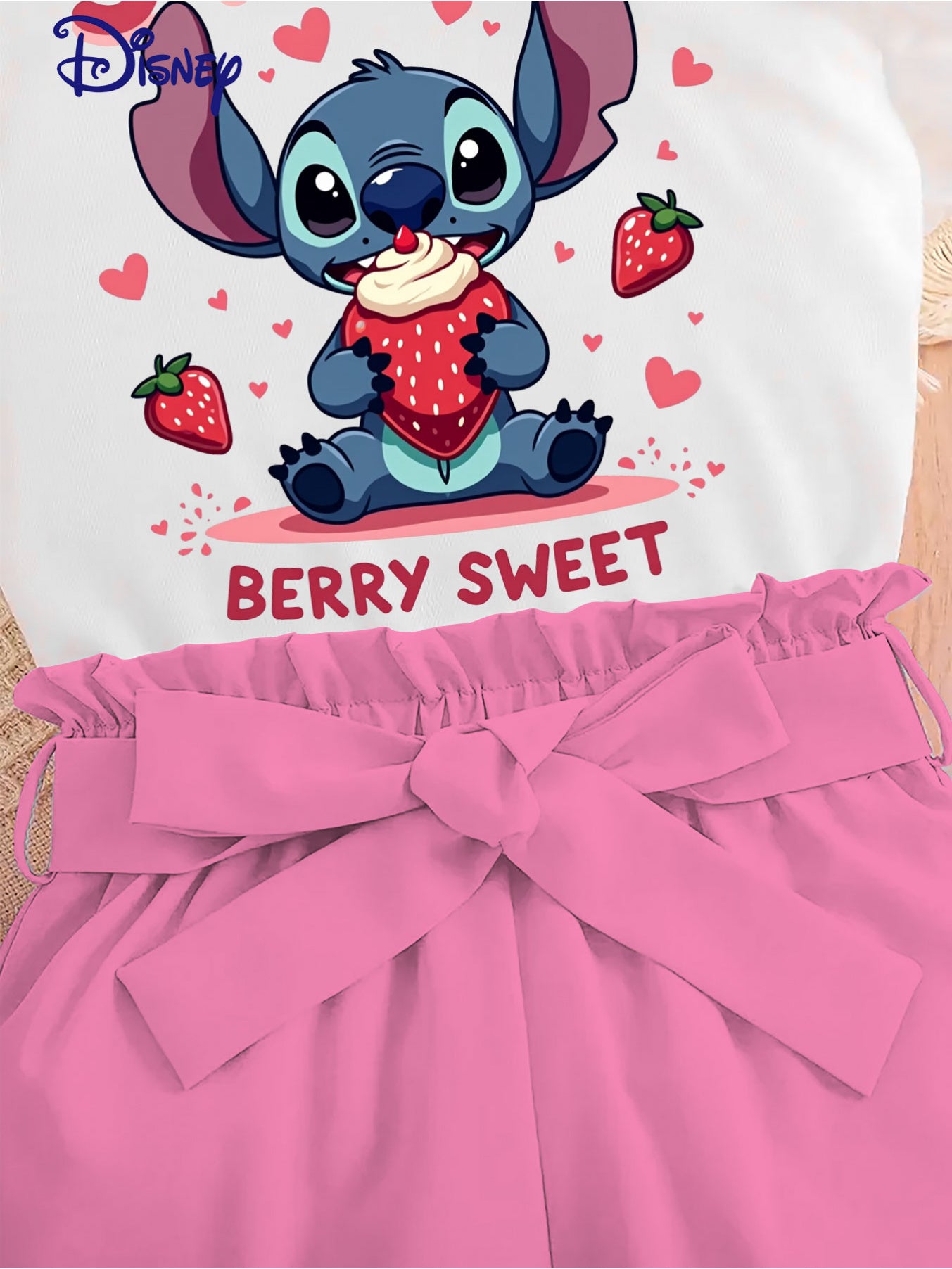 Stitch & Strawberry "Berry Sweet" Two-Piece Kids' Outfit - Cute Cartoon Print Top with Ruffled Edges & High-Waisted Shorts, Perfect for Summer Outdoor Activities, Outdoor Play Attire|Playful Design|Stretchy Fabric