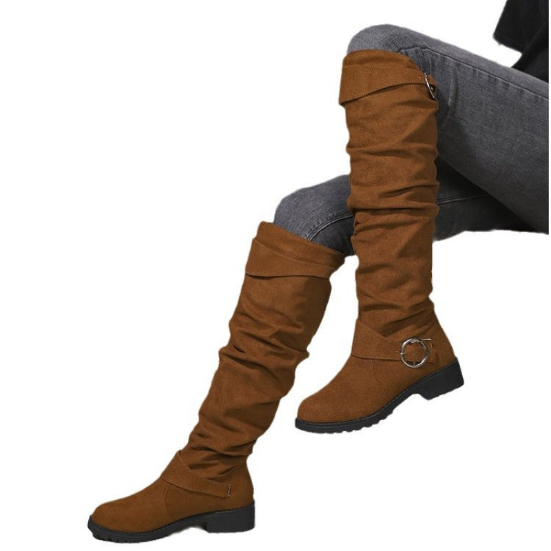 2025 Autumn Winter New Pleated Cross-border Boots | Women Belt Buckle Long Boots Over-the-Knee Slouch Boots Chunky Heel Long Boots, Rubber Upper, Sole, Round Toe, Low Block Heel