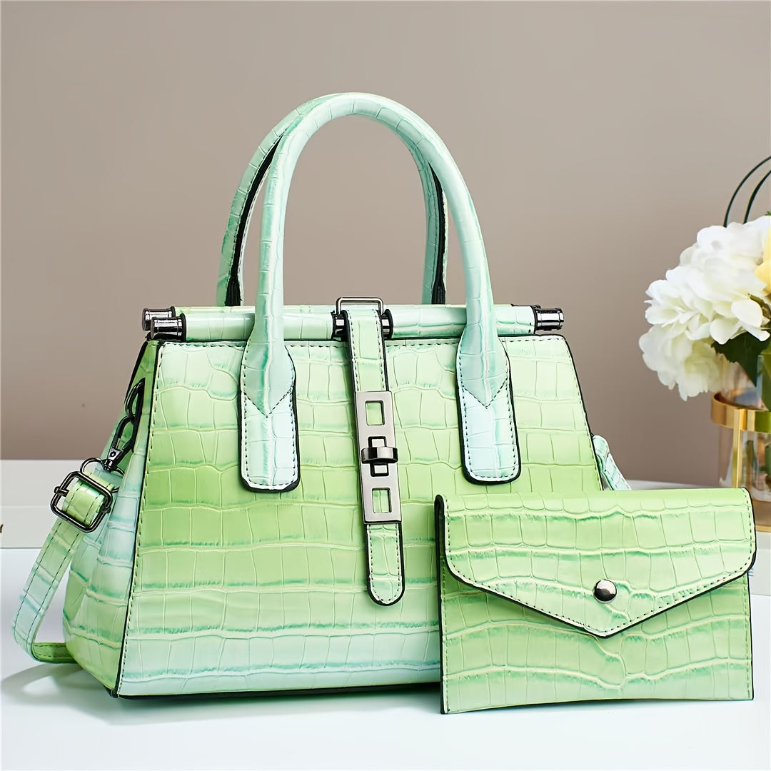 The New Women'S Bag 2025 Fashion Bright Faux Leather Crocodile Print Senior Large Capacity Single Shoulder Crossbody Handbag Two-piece Set