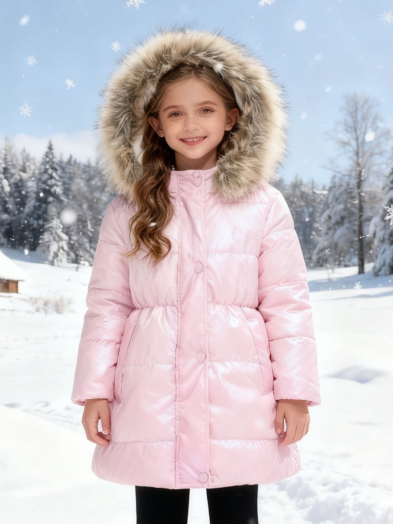 Girls' Multicolor Thickened Hooded Jacket | Mid-Length, Autumn & Winter Warm Windproof Outerwear, Suitable for Outdoor Camping and Daily Casual Style, with Pockets and Lining.