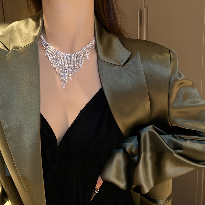 Luxurious Shiny Zirconia Tassel Necklace, Fashionable Japanese And Korean Style, Copper Base, Women'S Daily Accessories, Elegant Throughout The Four Seasons