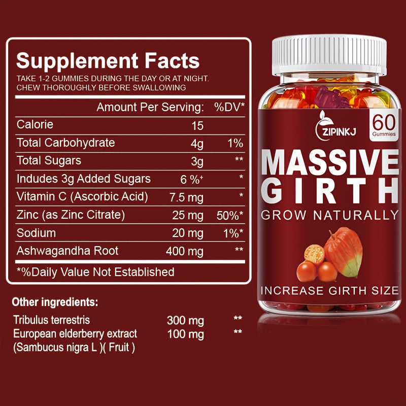 MASSIVE GIRTH Gummies - Gummies For Men, Highly Effective Extraction - Stamina, Dietary Supplement - Rich In Maca, Ashwagandha Root And Multiple Minerals 60 Gummies
