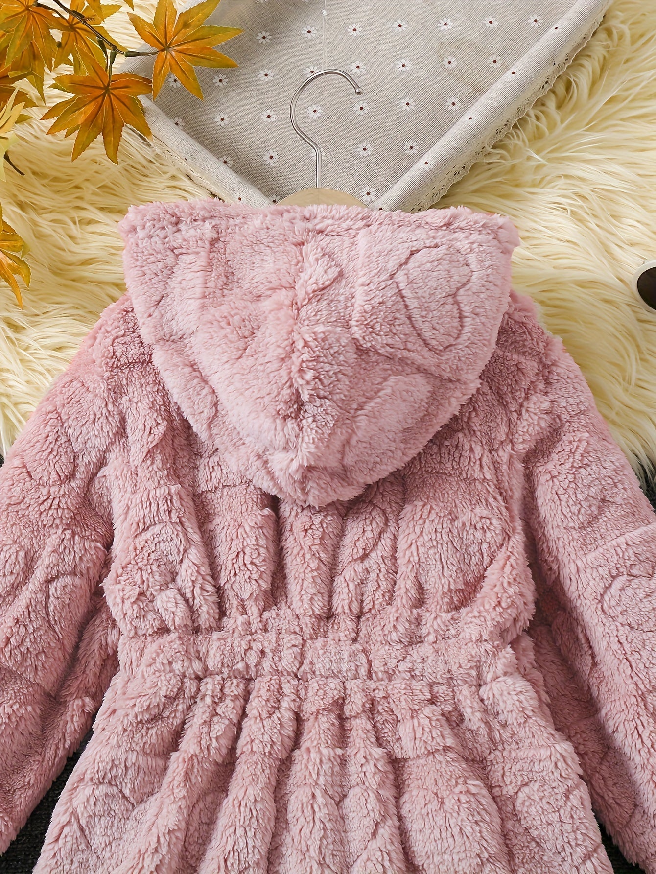 Chic Girls' Hooded Heart Pattern Fleece Cardigan - Cozy & Cute Outerwear for Fall/Winter, Machine Washable