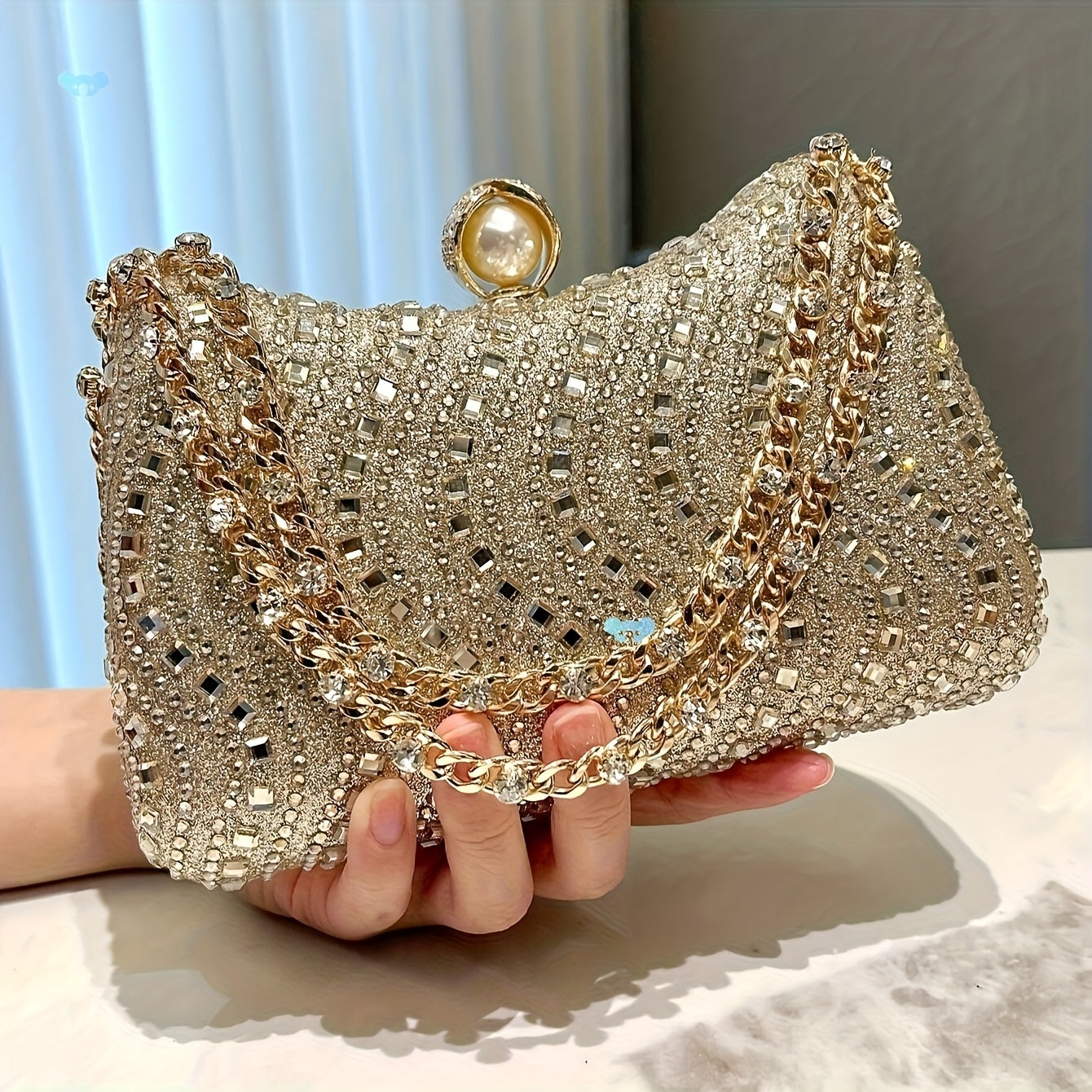 5pcs Women's Elegant Rhinestone-Embellished  Evening Handbag & Crossbody - Convertible Shoulder/Dance Party Wedding Accessory with Necklace, Earrings, Bracelet & Ring Gift Set (Golden) Suitable for Prom, Gala, Dinner Parties