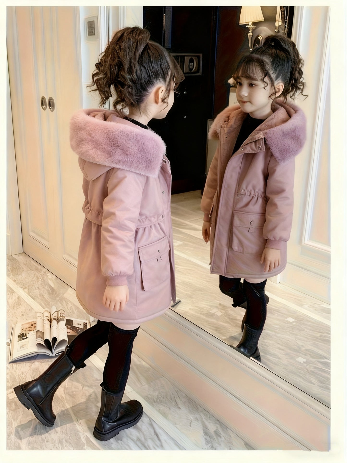 Girls' Winter Parka | 2025 New Fashion Thickened Plush Hooded Midi Coat with Zipper, Suitable for Ages 3-12