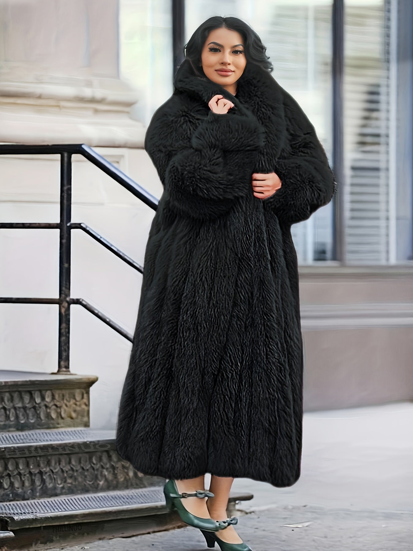 Plus Size - Plus Size Long Faux Rabbit Coat for Women | Stylish and Casual with Elegant Vibe, Non-Stretch Fabric, Lapel Collar, Solid Color, Regular Sleeve, Long Length, Fall/Winter Season